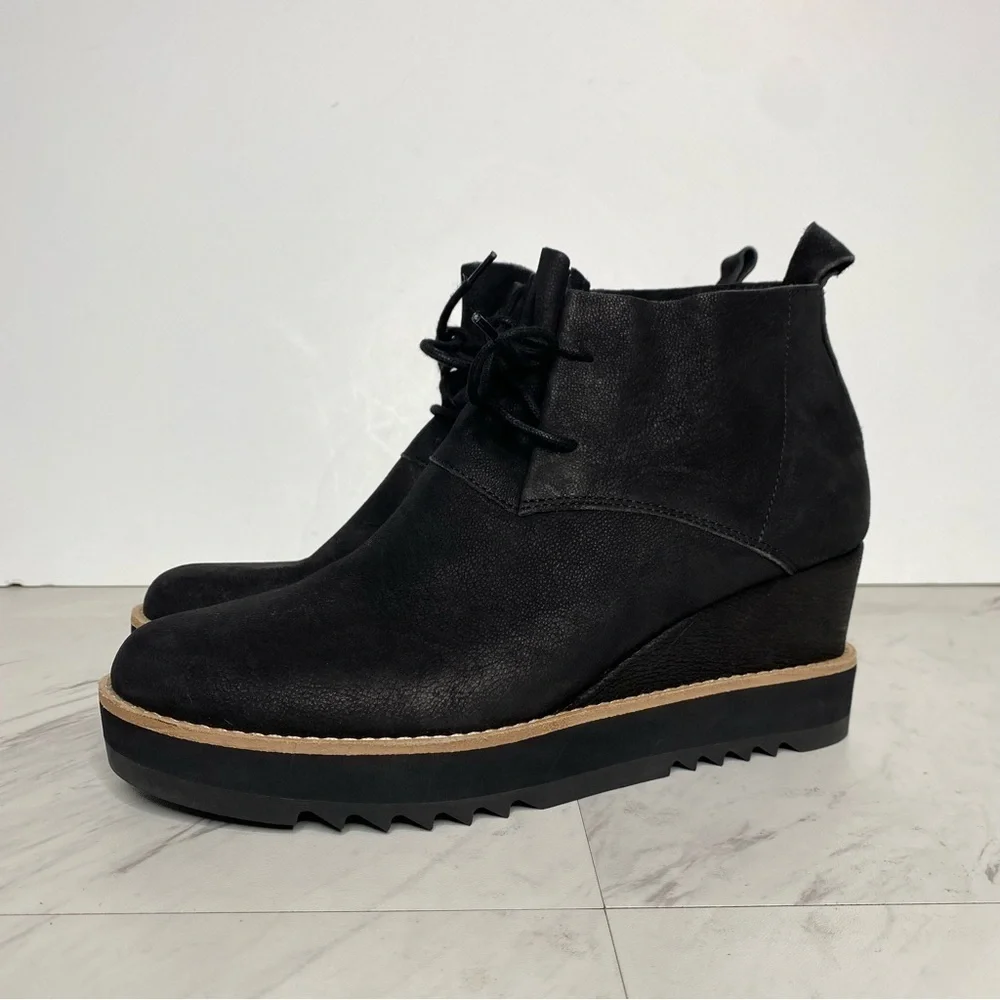 Eileen Fisher Capa Wedge Black Nubuck Lace Up Bootie 9 1/2